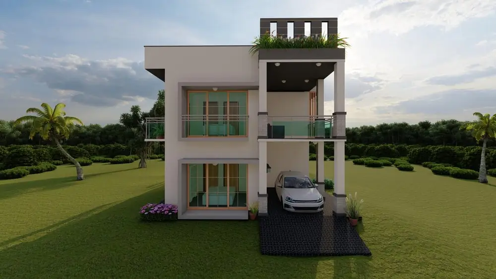 Contemporary home front view with sustainable design elements